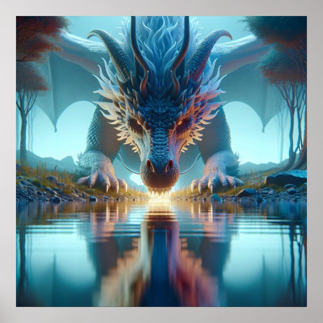 Affiche Dragon Bleu Mystique Reflection dans l'eau (Devant)