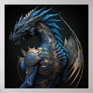 Affiche Dragon bleu vapeur avec ailes métalliques IA art