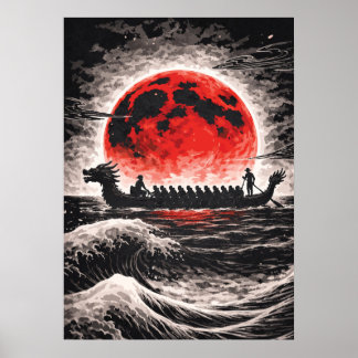 Affiche Dragon Boat Race Team Paddling In Red Moon Horizon
