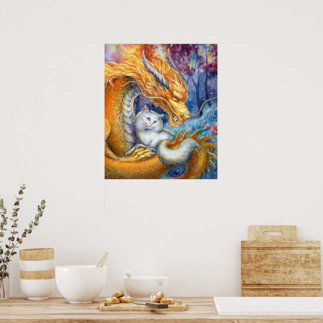 Affiche Dragon & Chat Blanc dans l'Eau-Forte d'Art Fin en  (Cuisine)