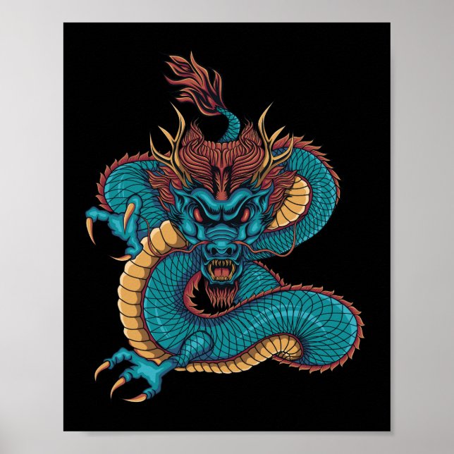Affiche dragon chinois bleu (Devant)
