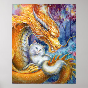 Affiche Dragon Chinois & Chat Blanc dans la Forêt Aquarell