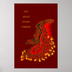 Affiche Dragon chinois dessin rouge et or