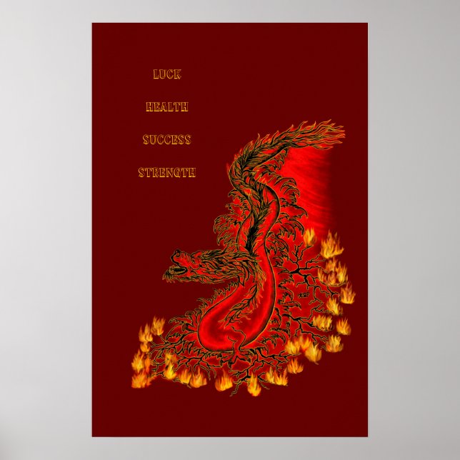 Affiche Dragon chinois dessin rouge et or (Devant)