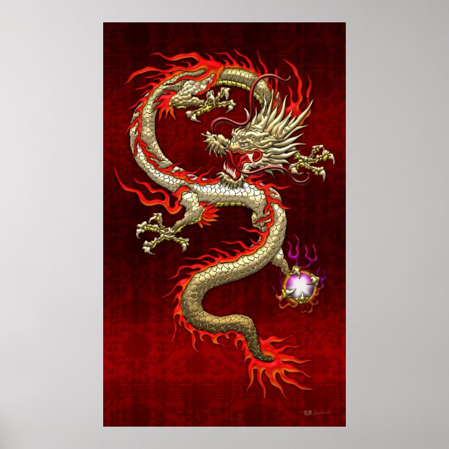 Affiche Dragon chinois d'or Fucanglong sur la soie rouge (Devant)
