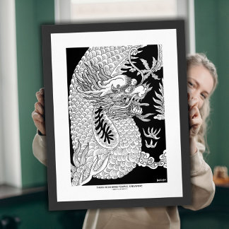 Affiche Dragon Chinois Esquisse à l'encre noire et blanche