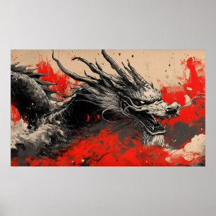 Affiche Dragon chinois majestueux avec plaque d'encre roug