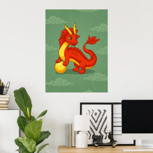 Affiche Dragon Chinois Rouge sur Fond Vert