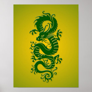 Affiche Dragon chinois tribal vert et jaune