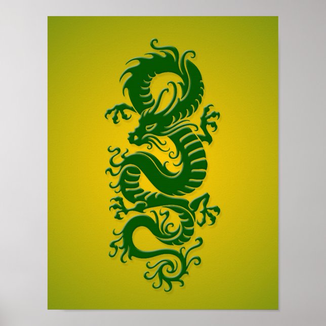 Affiche Dragon chinois tribal vert et jaune (Devant)