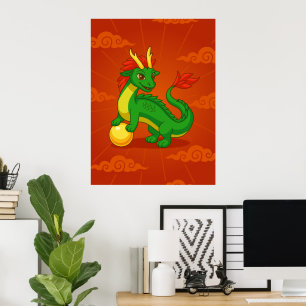Affiche Dragon Chinois Vert sur Fond Rouge