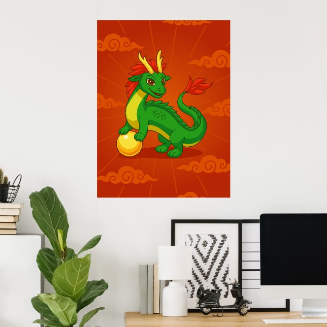 Affiche Dragon Chinois Vert sur Fond Rouge (Bureau à domicile)