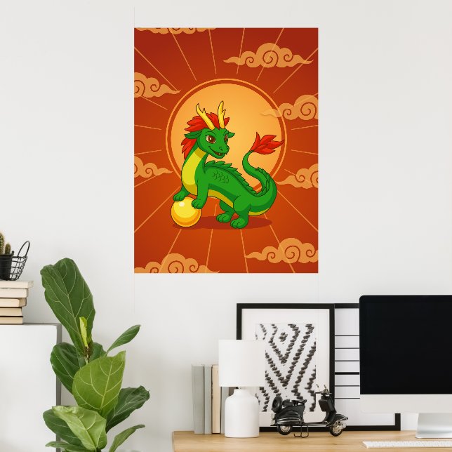 Affiche Dragon Chinois Vert sur Fond Rouge (Bureau à domicile)