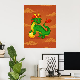 Affiche Dragon Chinois Vert sur Fond Rouge
