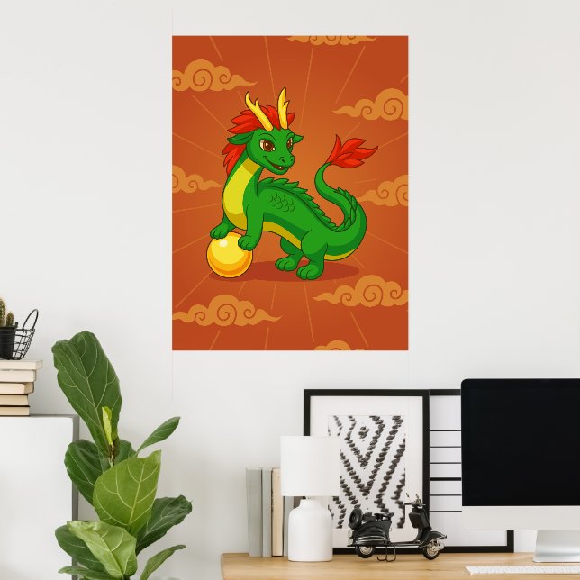 Affiche Dragon Chinois Vert sur Fond Rouge (Bureau à domicile)