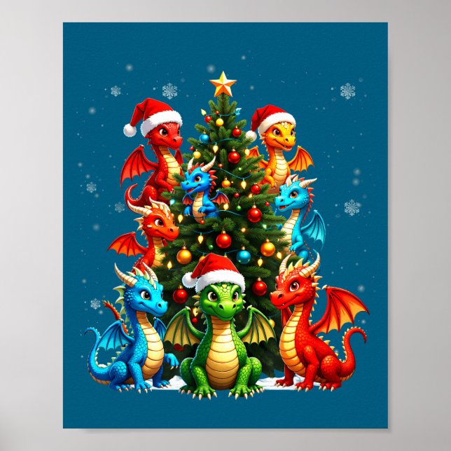 Affiche Dragon Christmas Tree Squad Santa Hat Fantasy Myth (Devant)