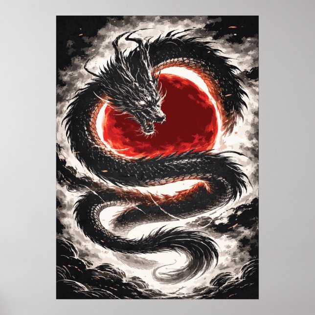 Affiche Dragon Coil over a Red Eclipse - Japanese Art (Devant)