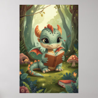 Affiche Dragon de bébé vert aquarelle en forêt