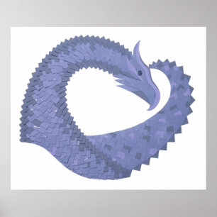 Affiche Dragon de coeur gris bleu sur blanc