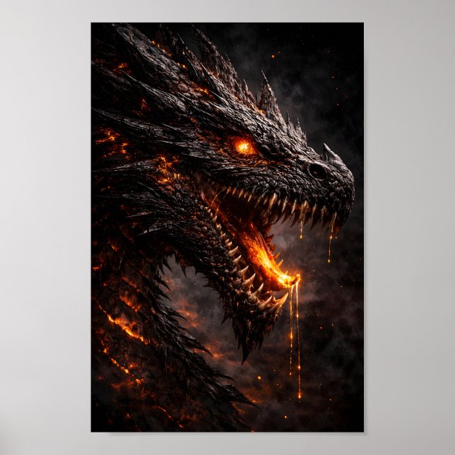 Affiche Dragon de feu noir féroce avec œil de braise brill (Devant)