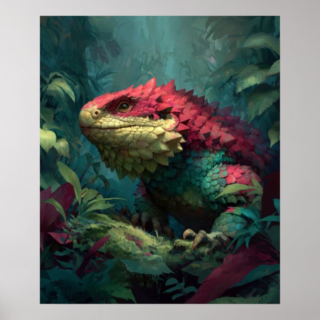 Affiche Dragon de lézard vert rouge dans le feuillage de l (Devant)