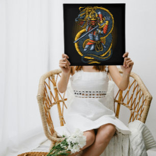 Affiche Dragon d'or japonais et guerrier de samouraï