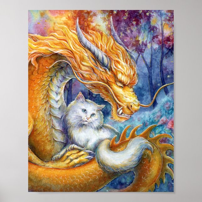 Affiche Dragon Doré & Chat Blanc dans l'Art Aquarelle de l (Devant)