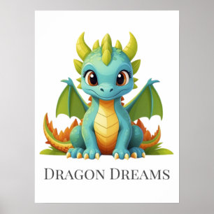 Affiche Dragon Dreams Vert Bleu Chambre de Bébé Dragon