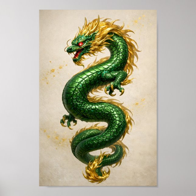 Affiche Dragon Emeraude à Crinière Dorée – Créature Mythiq (Devant)