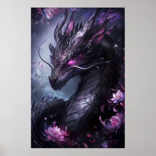 Affiche Dragon en acier en fleurs - Cool foncé