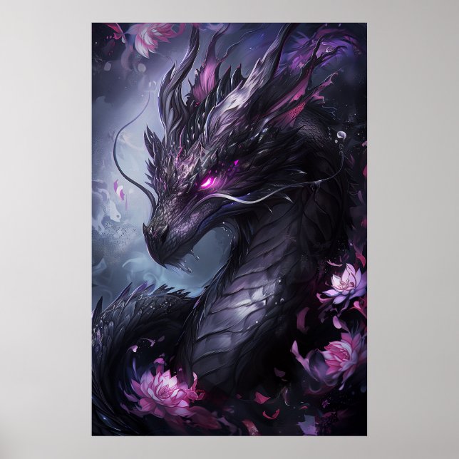 Affiche Dragon en acier en fleurs - Cool foncé (Devant)