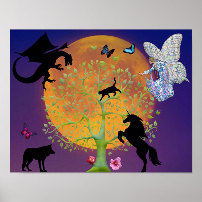 Affiche Dragon Fairy Unicorn Imaginaire Arbre et Pleine lu (Devant)