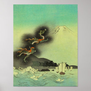 Affiche Dragon japonais et Mont Fuji