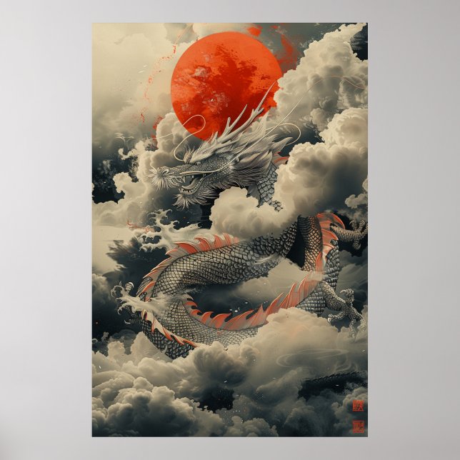 Affiche Dragon Japonais Ukiyo-e – Puissance Mythiq (Devant)