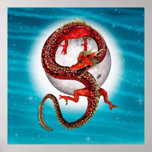 Affiche Dragon Lune Rouge Fantaisie Céleste Artistique