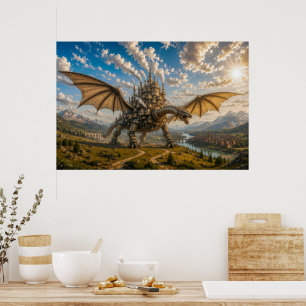 Affiche Dragon mécanique transportant une ville de château