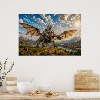 Affiche Dragon mécanique transportant une ville de château