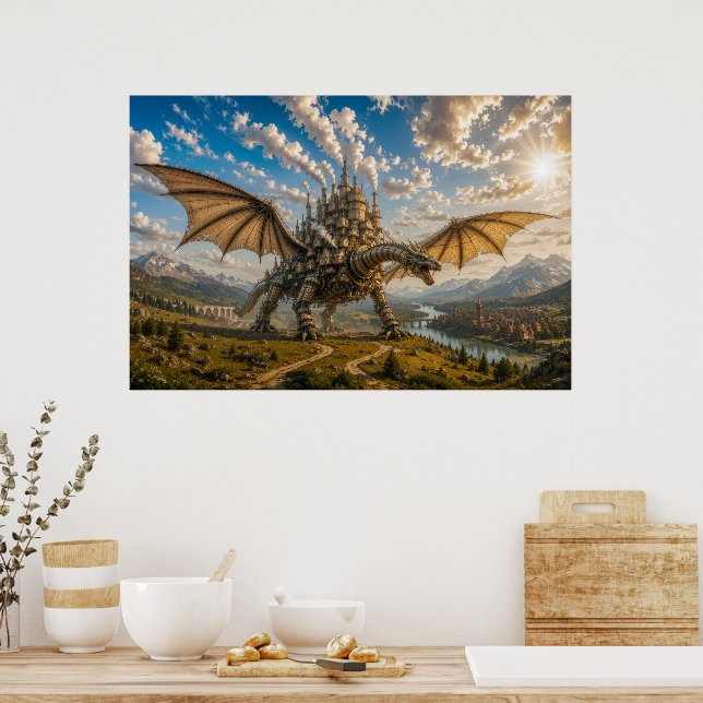 Affiche Dragon mécanique transportant une ville de château (Cuisine)