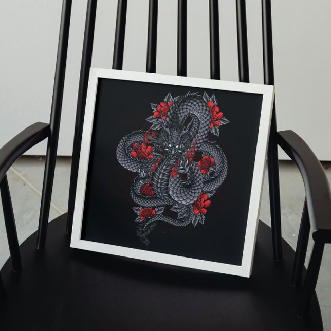 Affiche Dragon noir, Roses rouges (Créateur téléchargé)