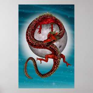 Affiche Dragon Oriental Rouge - Créature Fantastique Mythi
