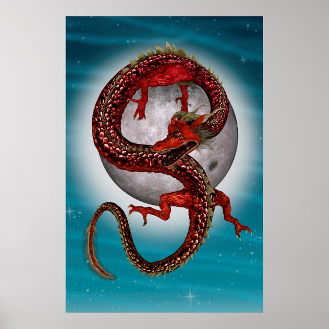 Affiche Dragon Oriental Rouge - Créature Fantastique Mythi (Devant)