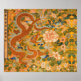 Affiche DRAGON PARMI LES PÉONIES, FLEURS, Floral FEUILLE V