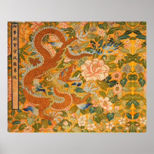 Affiche DRAGON PARMI LES PÉONIES, FLEURS, Floral FEUILLE V