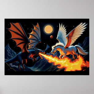 Affiche Dragon qui souffle du feu et Pégase