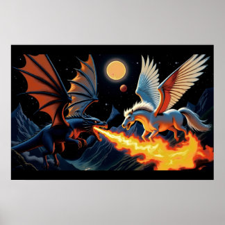 Affiche Dragon qui souffle du feu et Pégase