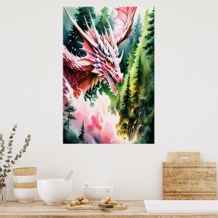 Affiche Dragon respirant le feu vibrante écailles roses