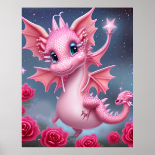 Affiche Dragon rose mignon aux fleurs roses