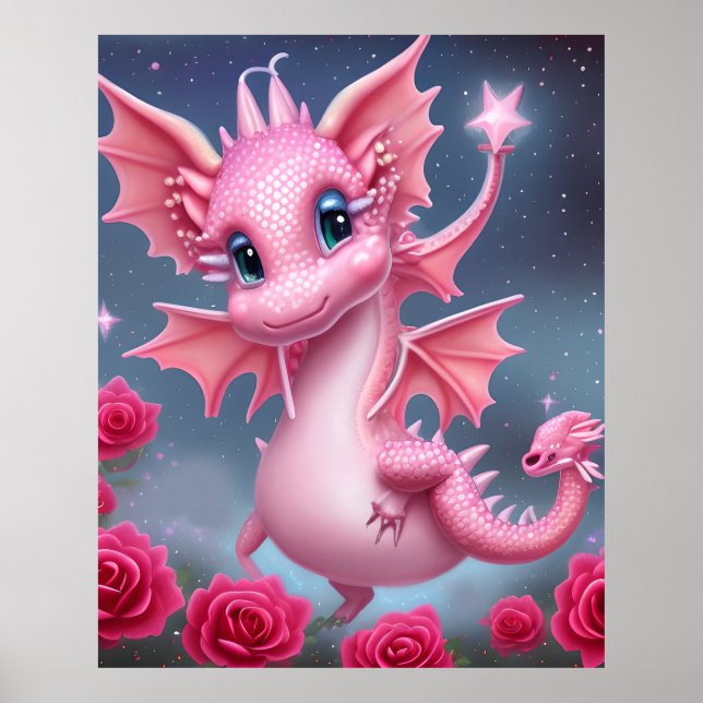 Affiche Dragon rose mignon aux fleurs roses (Devant)