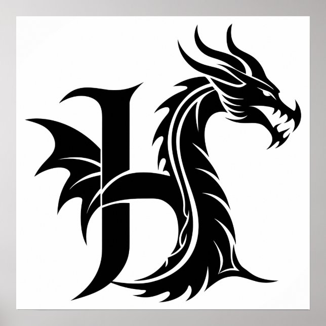 Affiche Dragon Styled Letter H, Dragon Alphabet, Monogram (Devant)