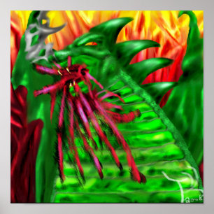Affiche Dragon Vert en Flammes Fantastique 